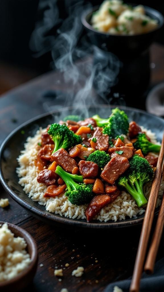 A plate of beef and broccoli stir-fry served over rice, garnished with chopsticks.