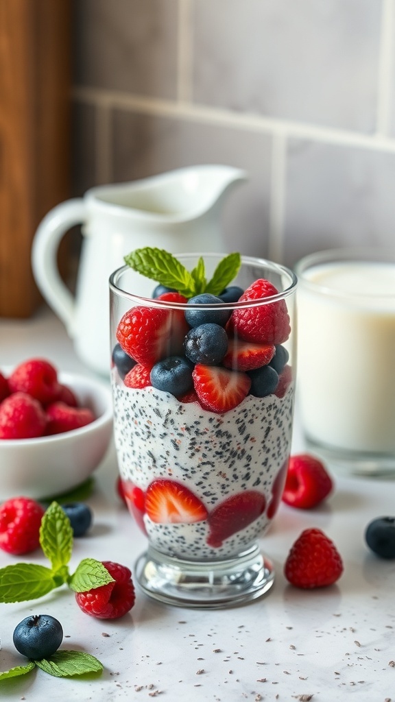 A glass of berry chia seed pudding topped with fresh strawberries, blueberries, and raspberries, with a sprig of mint.