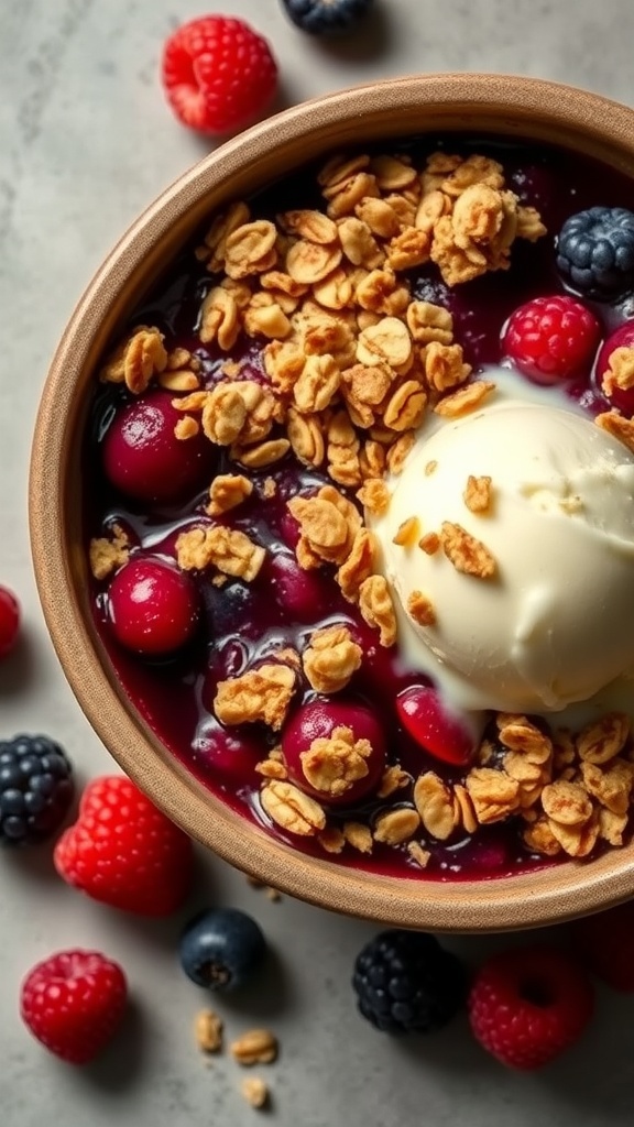 A bowl of berry crumble topped with ice cream, surrounded by fresh berries.