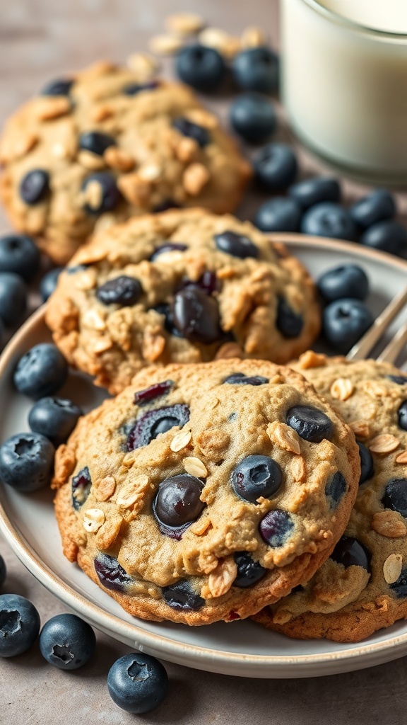 Plate of blueberry oatmeal cookies with fresh blueberries and a glass of milk