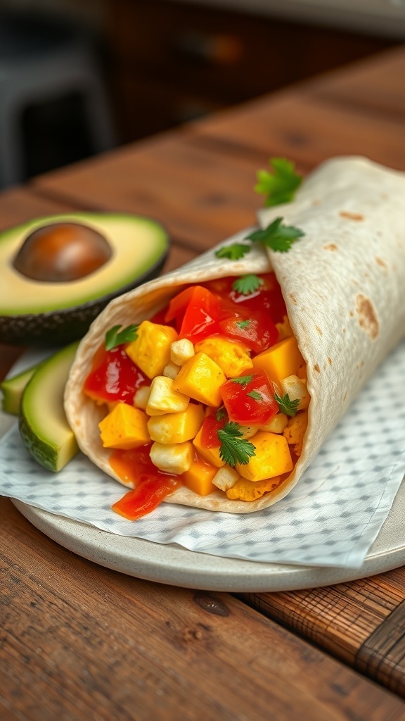 A healthy breakfast burrito filled with mango, corn, and red peppers, served with avocado slices.