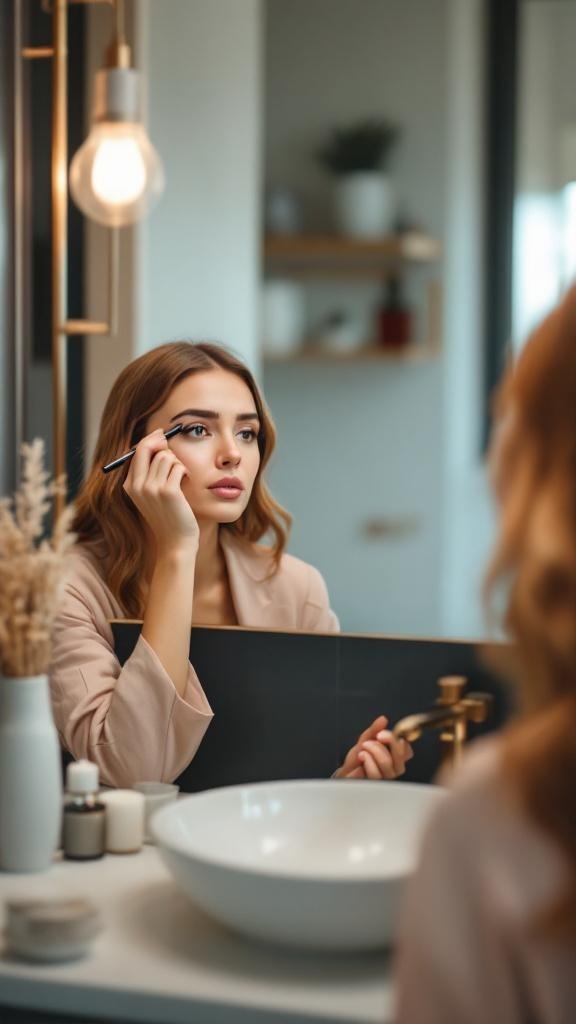 A woman applying brow makeup in front of a mirror.