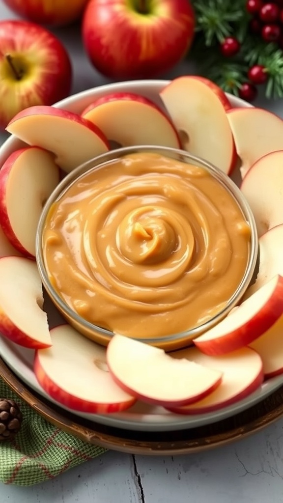 A bowl of caramel dip surrounded by sliced apples, ready for dipping.
