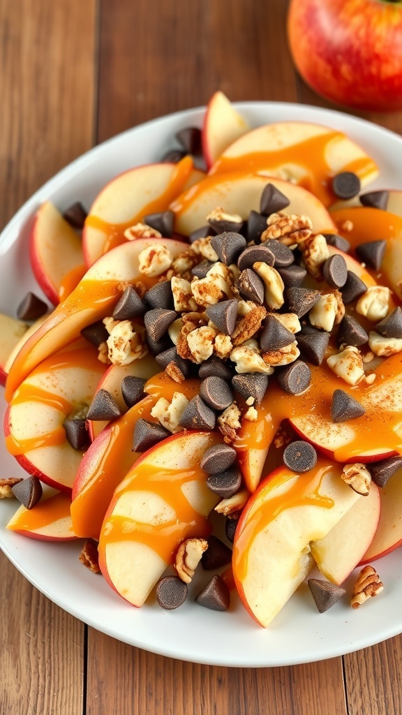 A plate of caramel apple nachos topped with chocolate chips and nuts