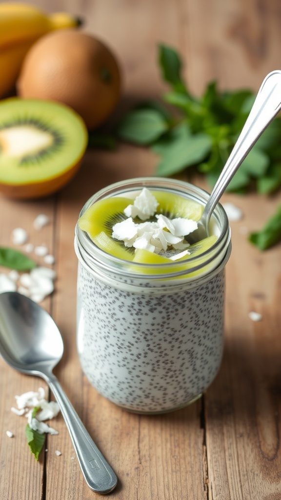 Chia seed pudding topped with kiwi and coconut flakes, surrounded by fruits.