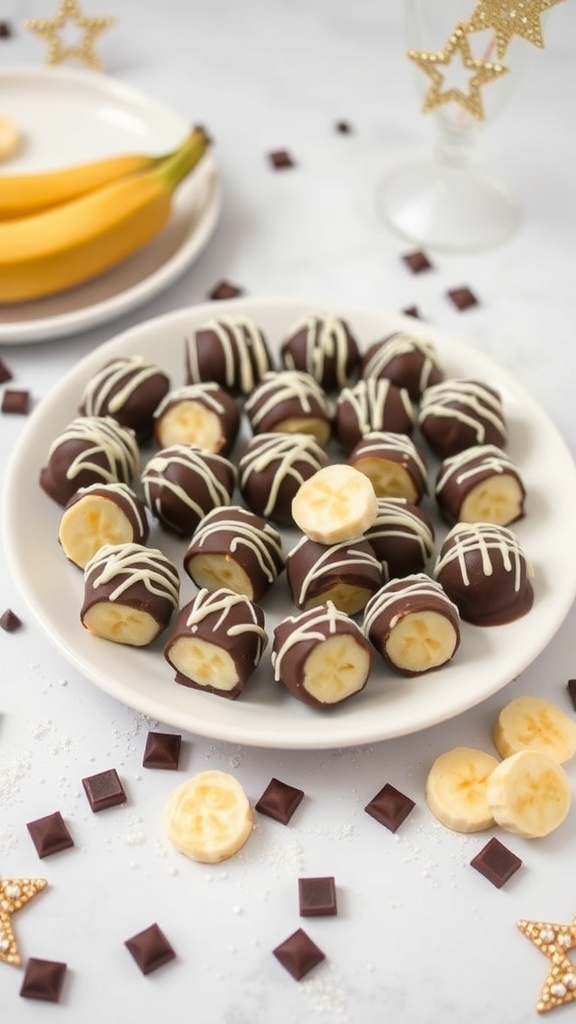 A plate of chocolate-covered banana bites with bananas and chocolate pieces in the background.