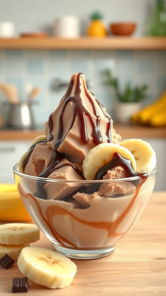A bowl of chocolate banana ice cream topped with banana slices and chocolate syrup