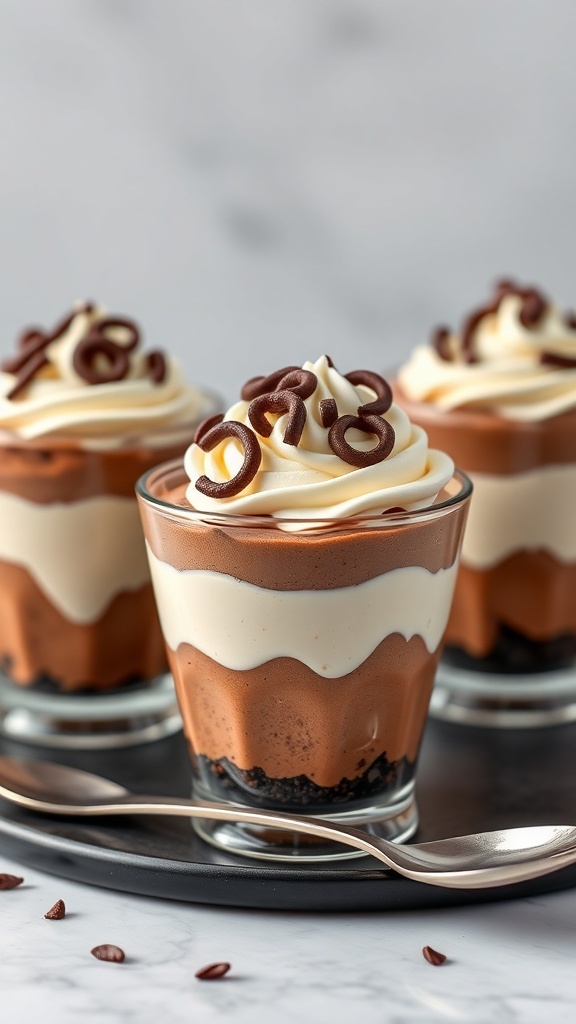 Three chocolate cheesecake cups layered with chocolate pudding and cream cheese, topped with whipped cream and chocolate curls.