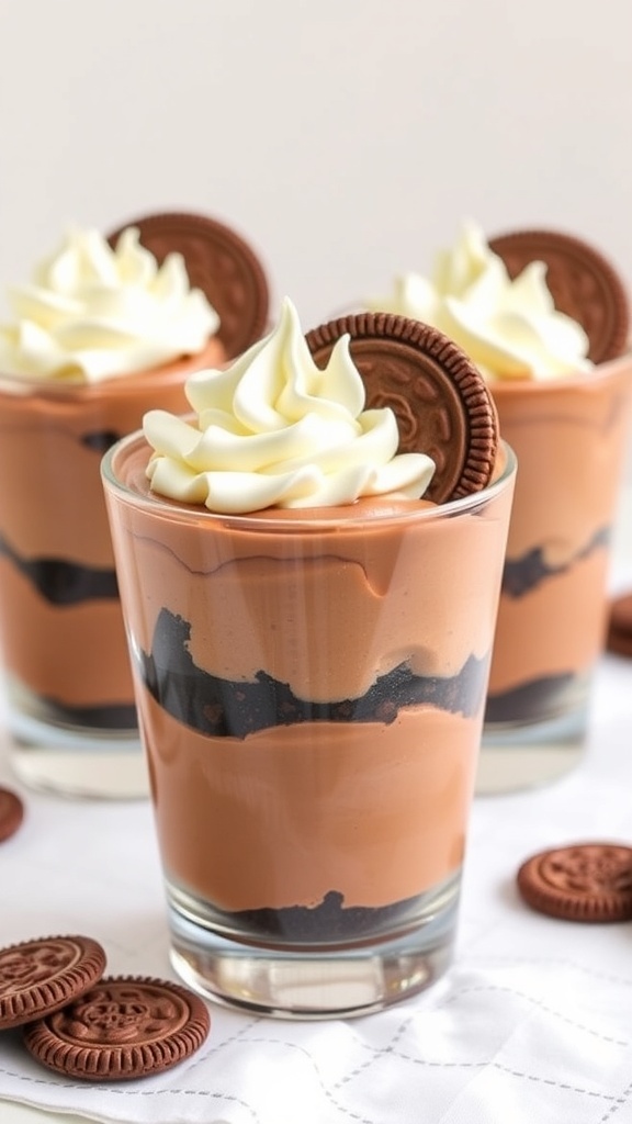 Chocolate cheesecake parfaits in clear glasses topped with whipped cream and chocolate cookies.