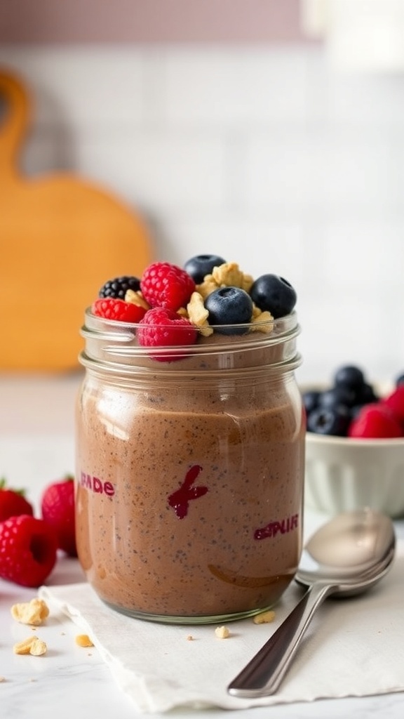 A jar of chocolate chia pudding topped with fresh berries and granola, sitting on a table.