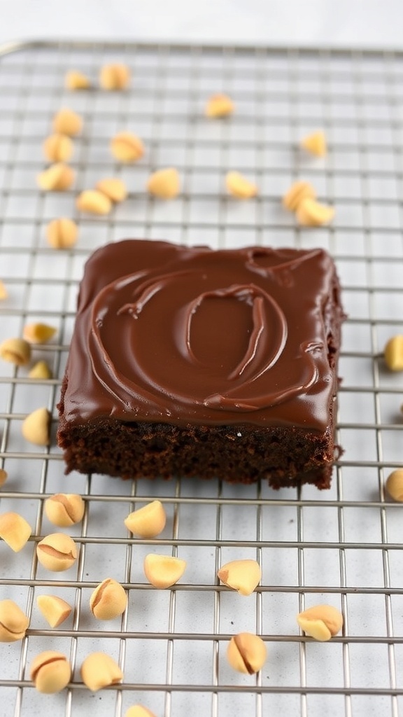 A chocolate brownie topped with hazelnut spread on a cooling rack, surrounded by yellow chocolate morsels.
