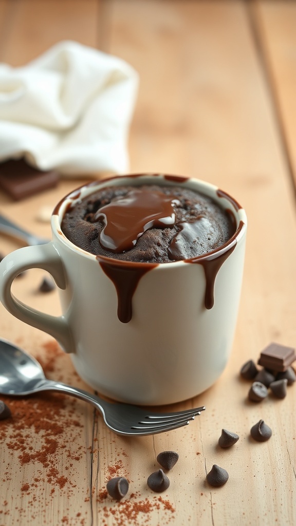 A rich chocolate mug cake topped with chocolate drizzle in a white mug, surrounded by chocolate chips and a fork.