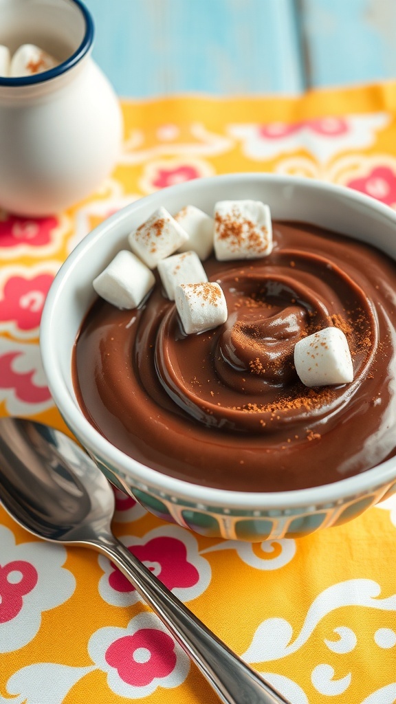 A bowl of chocolate pudding topped with marshmallows on a colorful tablecloth.