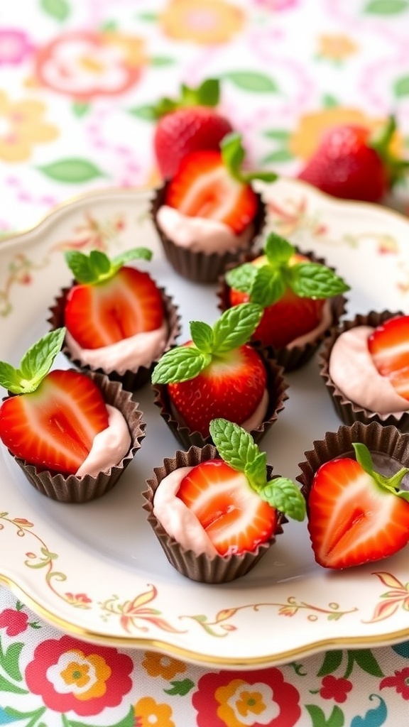 Chocolate cups filled with cream cheese and topped with strawberries and mint leaves on a decorative plate.