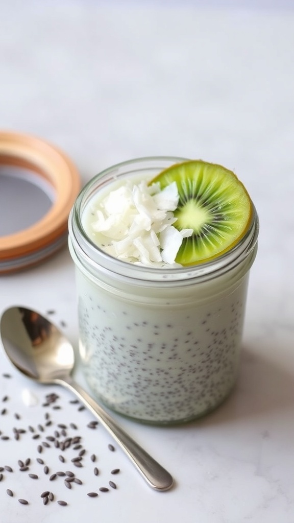A jar of coconut chia pudding topped with shredded coconut and a slice of kiwi, with chia seeds scattered around.