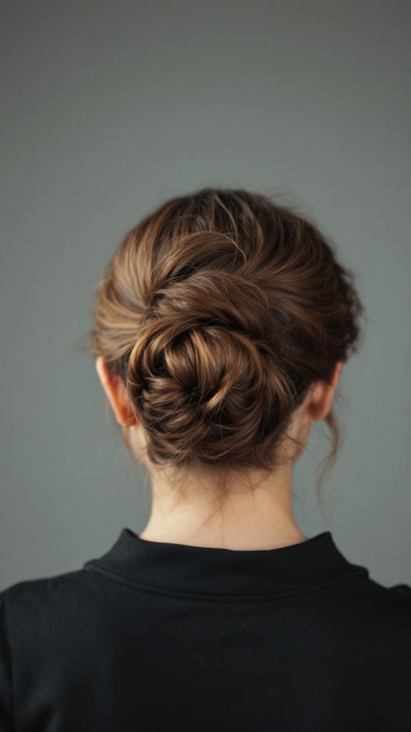 A woman with a curly bun hairstyle, viewed from the back.