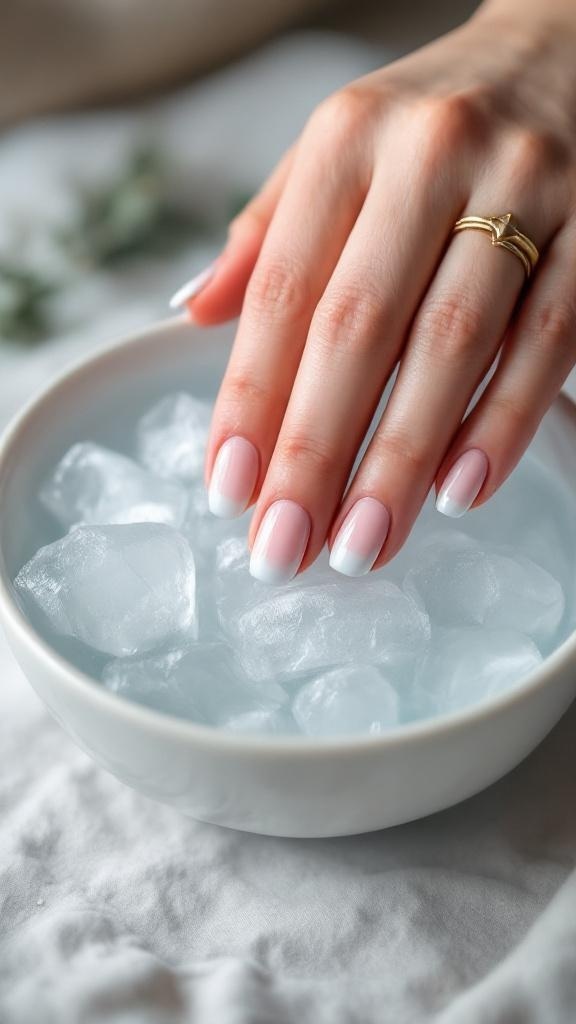 A hand with polished nails resting in a bowl of ice water, showcasing a quick drying technique for nail polish.