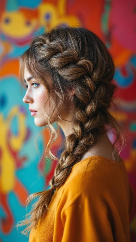 A close-up of a woman with a Dutch braid hairstyle, set against a colorful background.