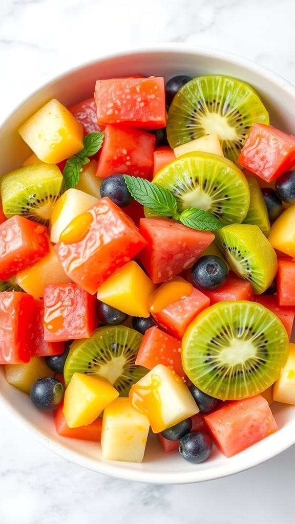 A colorful bowl of fruit salad with watermelon, kiwi, pineapple, and blueberries, garnished with mint leaves.