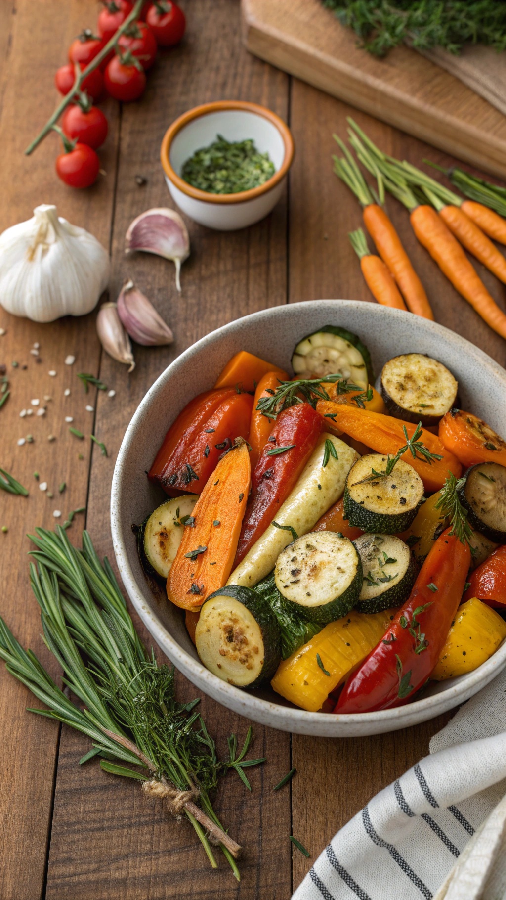 A bowl of colorful roasted vegetables with garlic and herbs, surrounded by fresh ingredients.