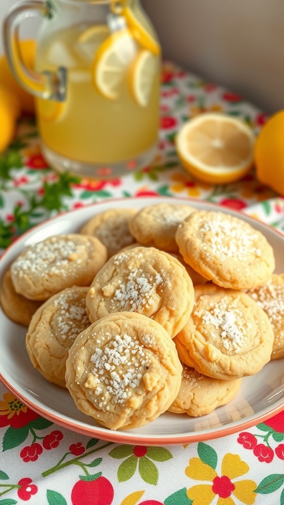 A plate of lemon poppy seed cookies with a pitcher of lemonade in the background.