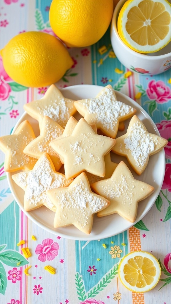 Plate of star-shaped lemon shortbread cookies dusted with powdered sugar, surrounded by fresh lemons and lemon slices.