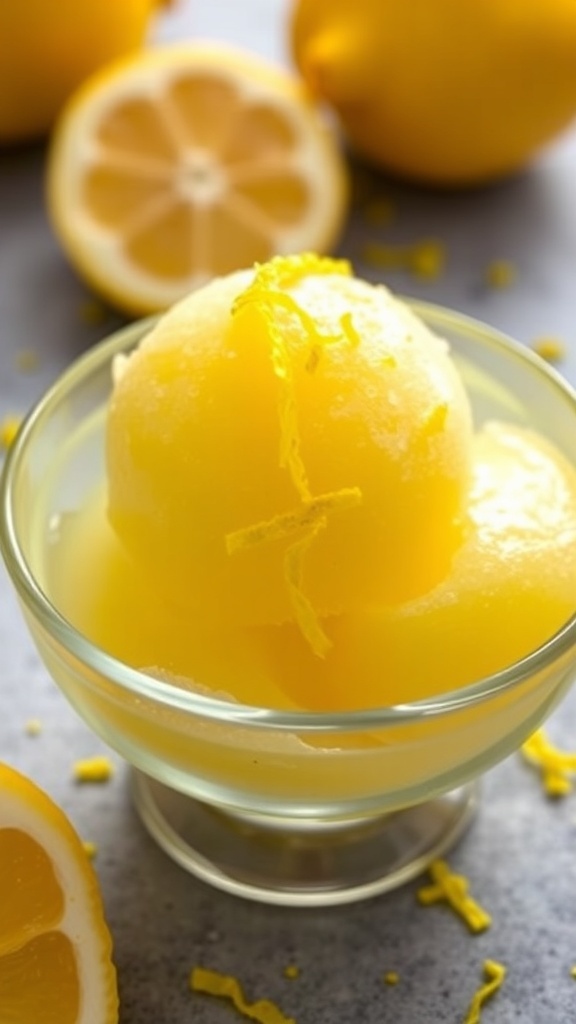 A scoop of lemon sorbet garnished with mint leaves in a glass dish, with lemon halves in the background.