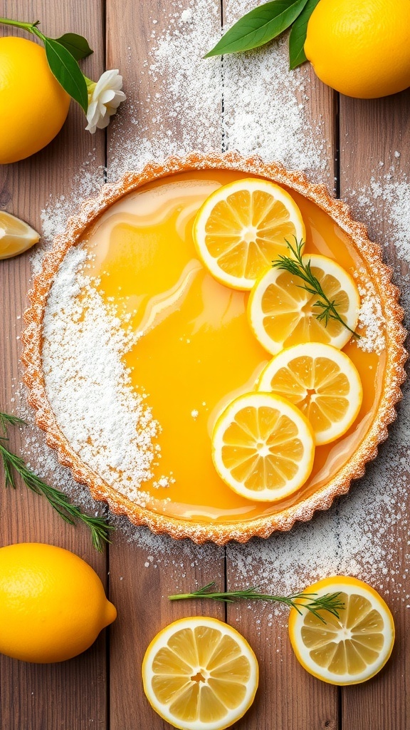 A vibrant lemon tart with lemon slices and powdered sugar on a wooden table.