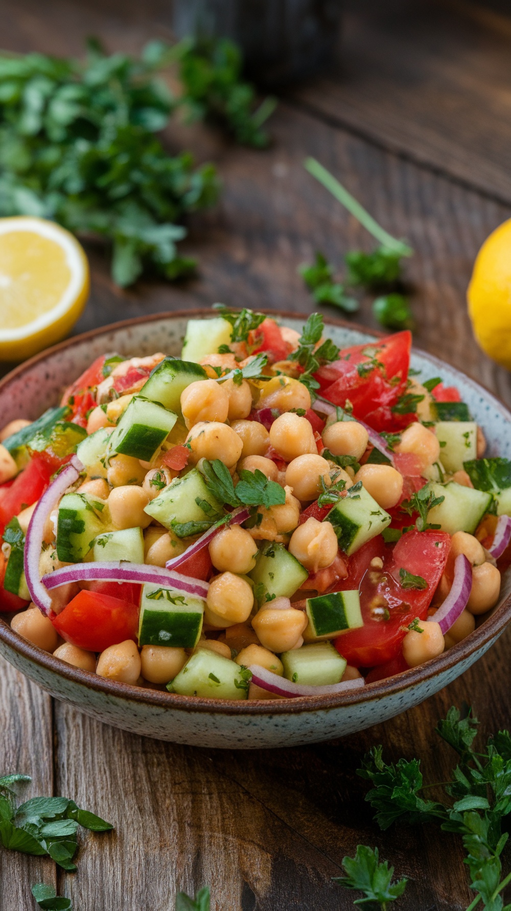 A vibrant Mediterranean chickpea salad with diced cucumbers, tomatoes, red onions, and parsley in a bowl.