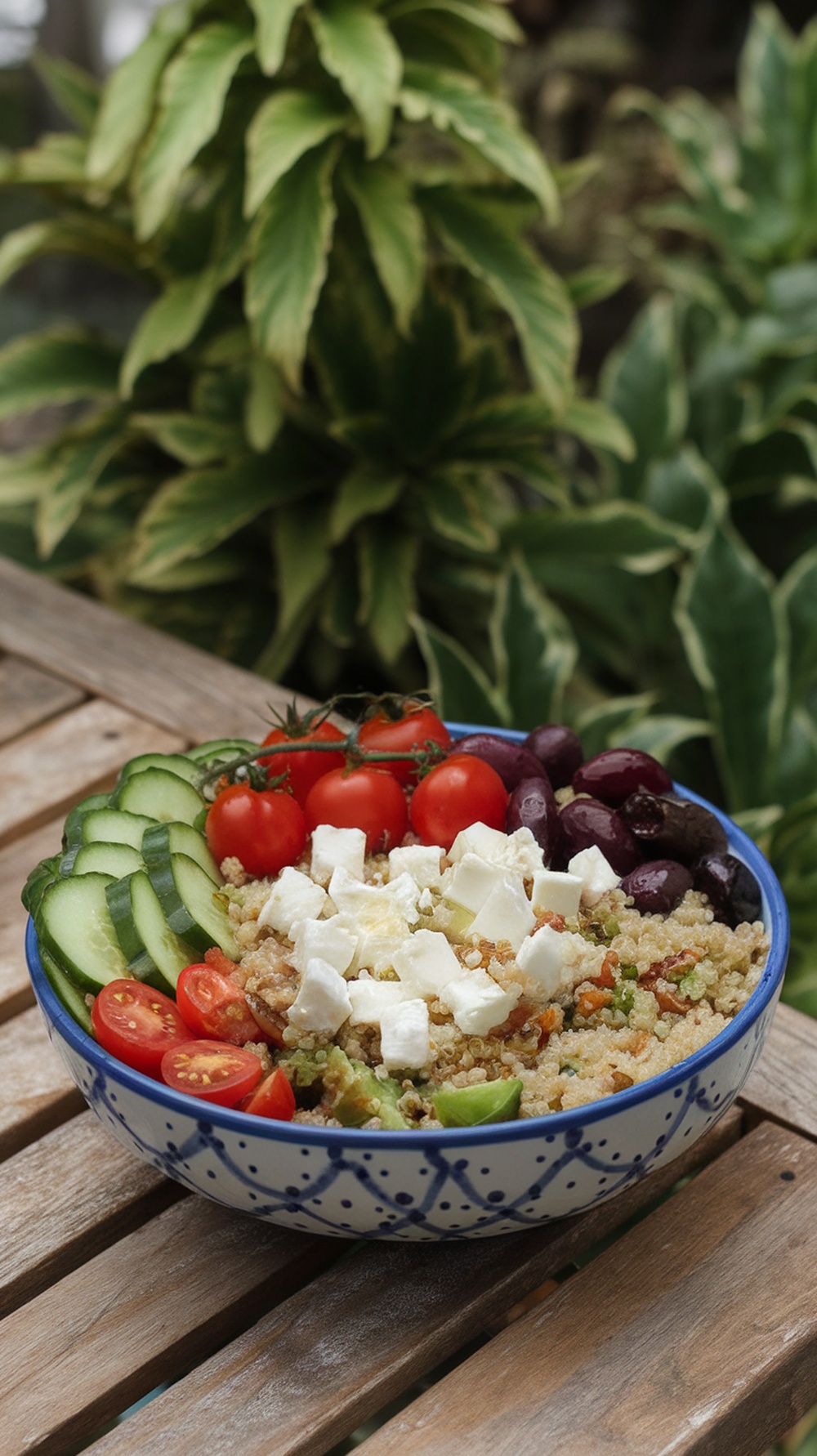 A colorful Mediterranean quinoa bowl with cucumbers, cherry tomatoes, olives, and feta cheese.