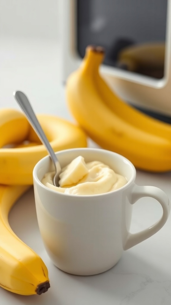 A cup of banana pudding with fresh bananas beside it, showcasing a quick and healthy dessert option.