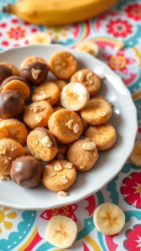 A plate of peanut butter banana bites, some dipped in chocolate and sprinkled with oats, on a colorful background.