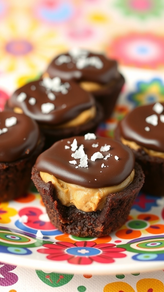 Quick Peanut Butter Brownie Cups topped with chocolate and sea salt on a colorful plate.