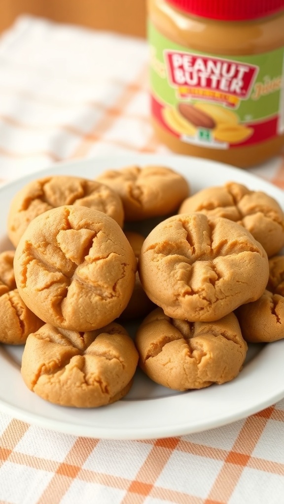 Plate of peanut butter cookies with a fork pattern on top, next to a jar of peanut butter.