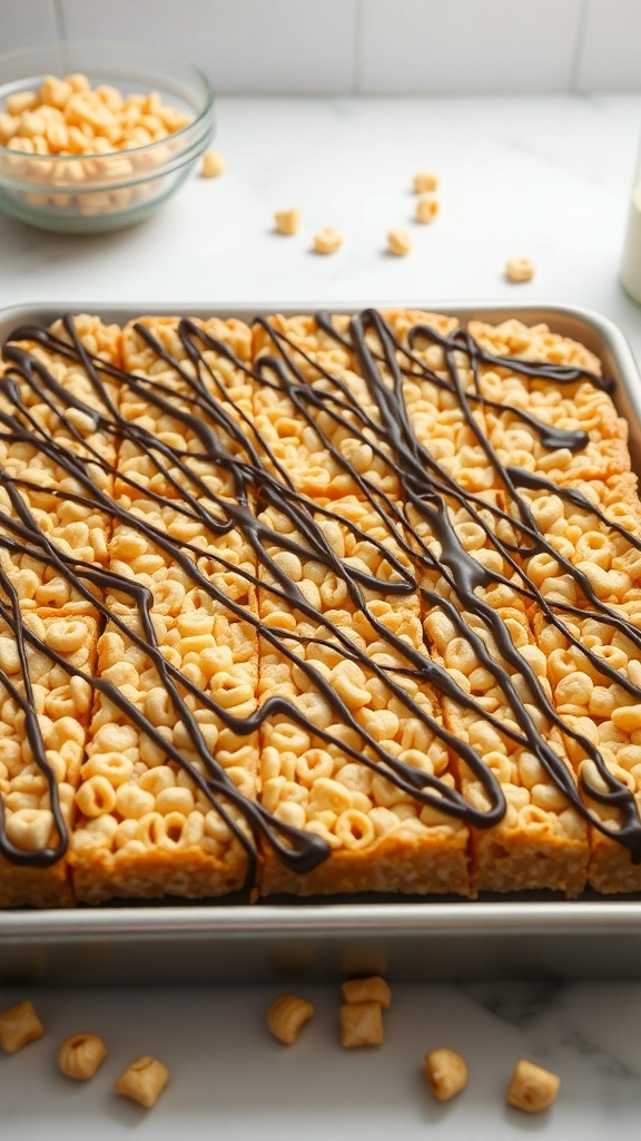 Peanut Butter Rice Crispy Treats drizzled with chocolate