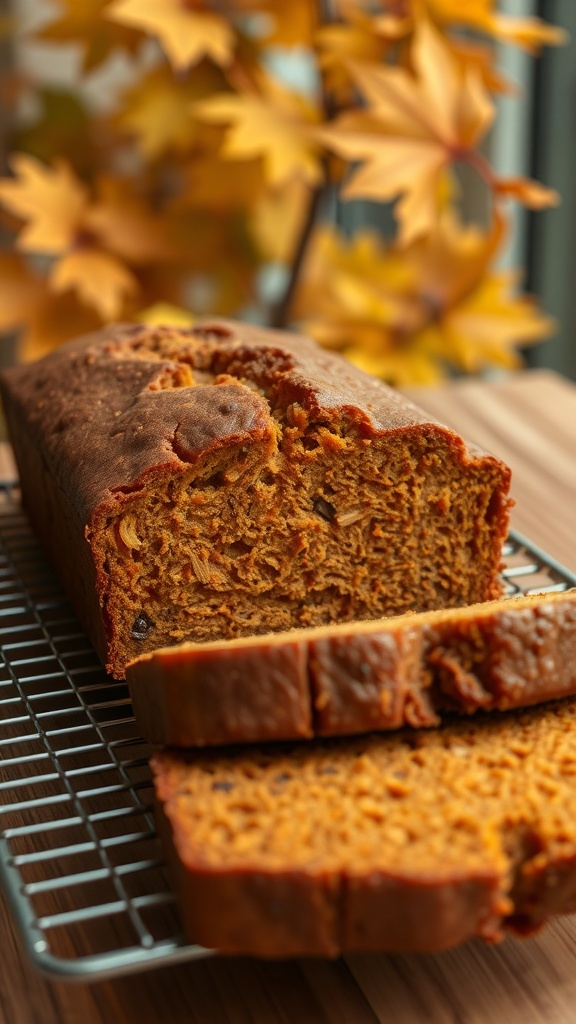 A freshly baked loaf of pumpkin bread, sliced and resting on a cooling rack, surrounded by autumn leaves.