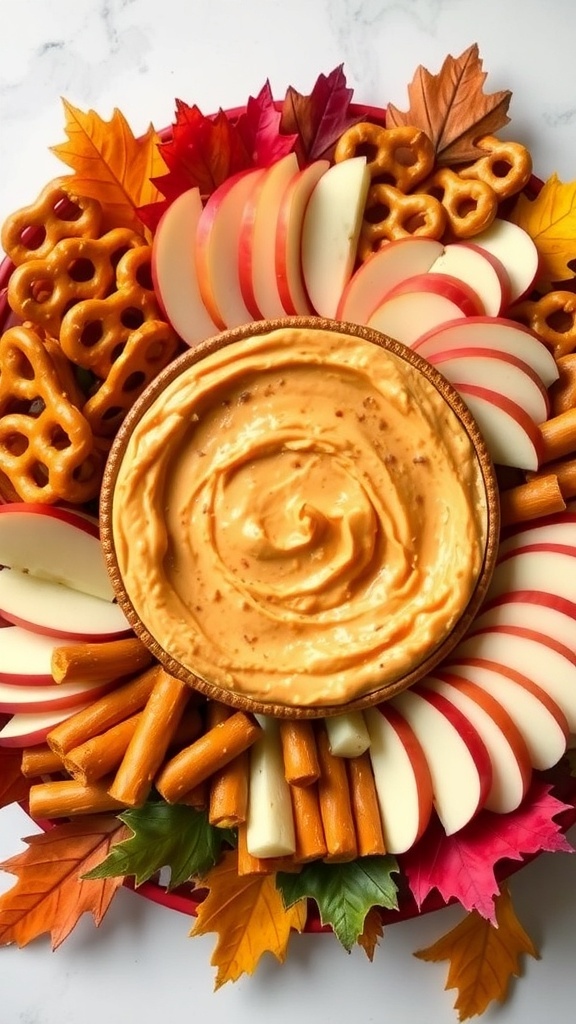 A colorful platter featuring pumpkin dip surrounded by apple slices, pretzels, and autumn leaves.