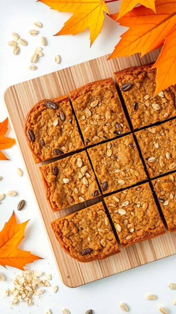 Pumpkin oatmeal bars cut into squares on a wooden board surrounded by autumn leaves.