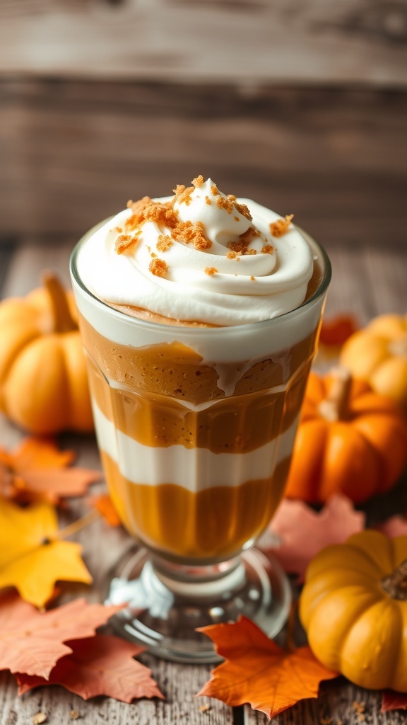 Pumpkin pie parfaits in a glass with whipped cream and graham cracker crumbles, surrounded by small pumpkins and autumn leaves.