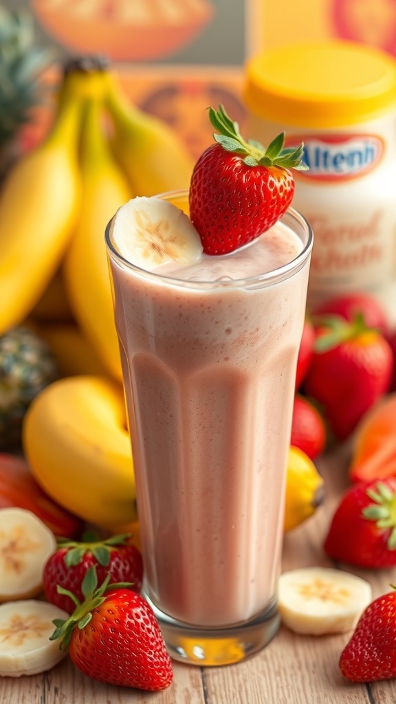 A refreshing strawberry banana smoothie in a glass, garnished with a strawberry and banana slice, surrounded by fresh strawberries and bananas.