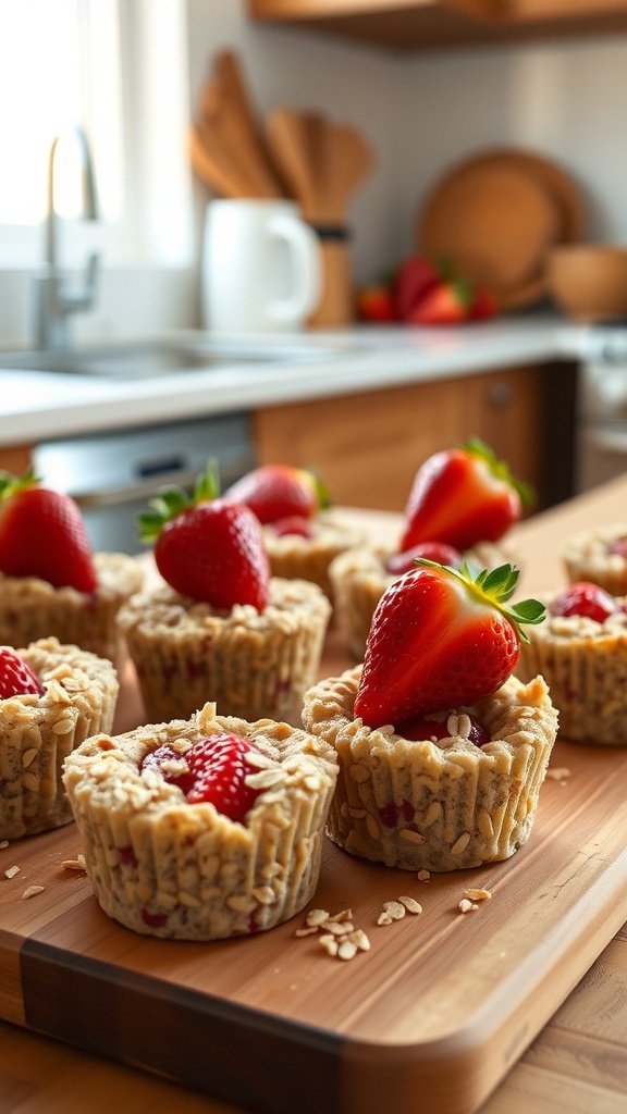 A wooden board with several strawberry oatmeal cups topped with fresh strawberries, in a cozy kitchen setting.