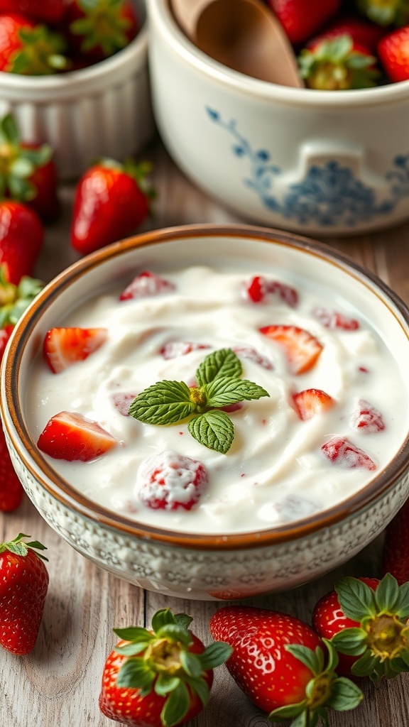 A bowl of strawberry rice pudding topped with fresh strawberries and mint leaves, surrounded by more strawberries.