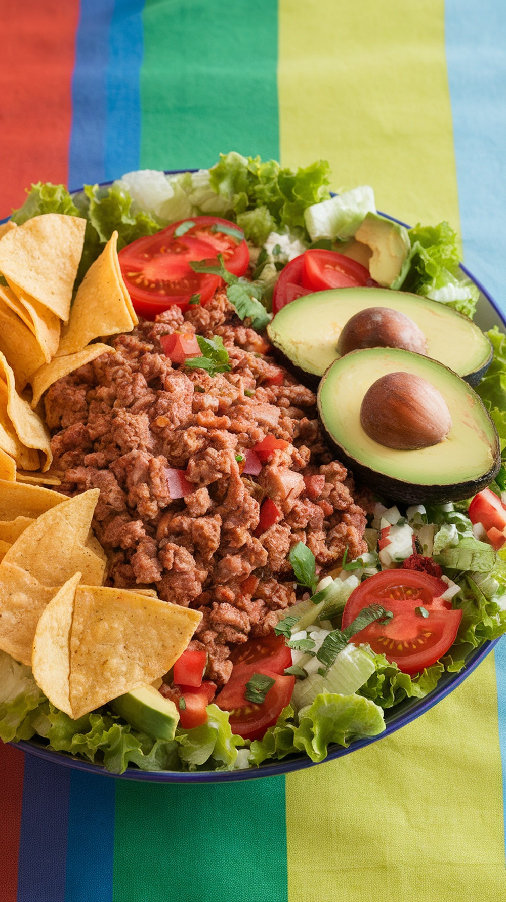A colorful taco salad with ground turkey, lettuce, tomatoes, avocado, and tortilla chips.