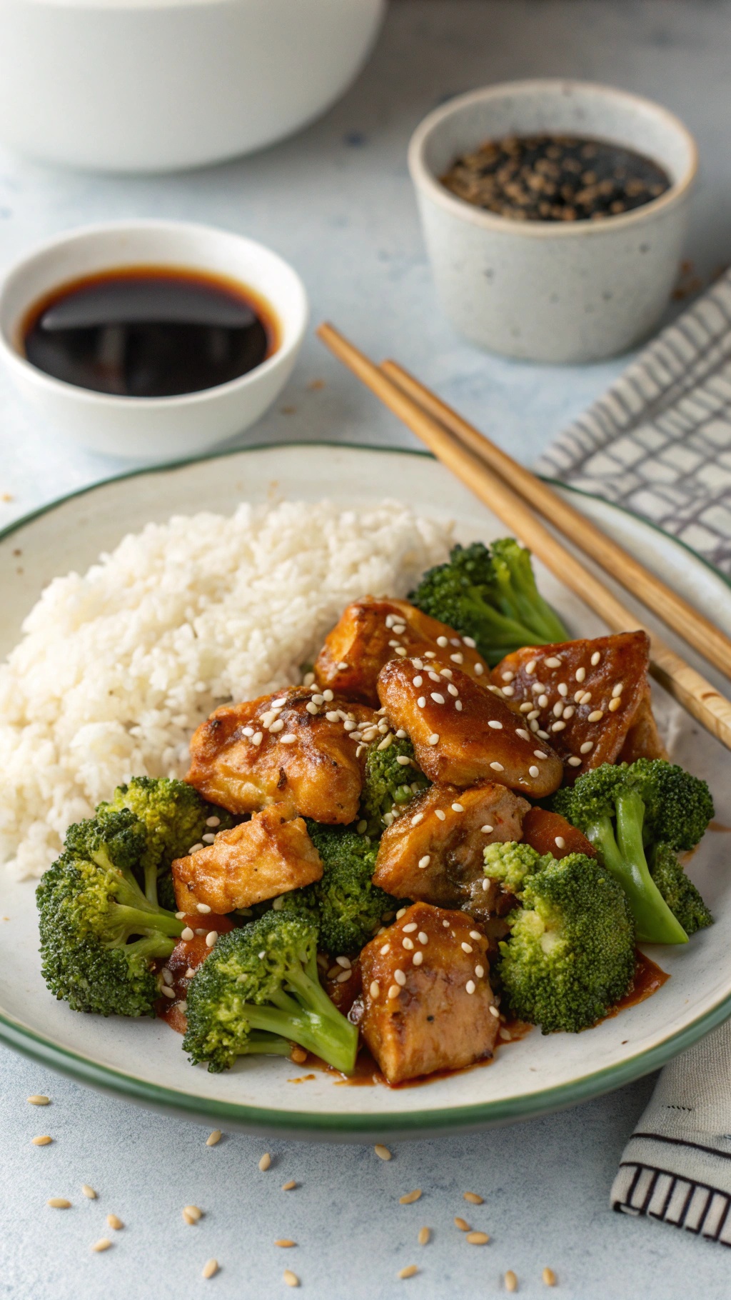 A plate of teriyaki chicken and broccoli served with rice, garnished with sesame seeds.