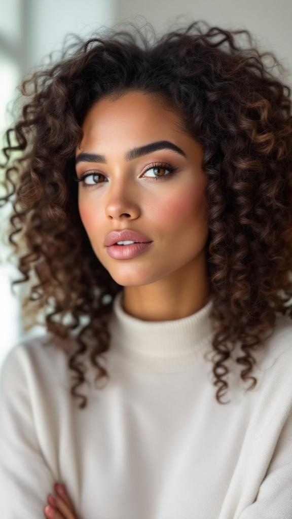 A model with beautiful, defined curly hair, showcasing a quick twisted curls hairstyle.