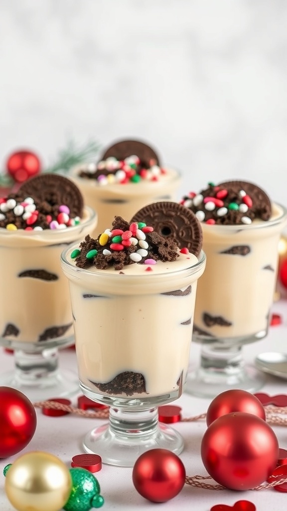 Vanilla pudding cups topped with colorful sprinkles and mini cookies, surrounded by holiday decorations.