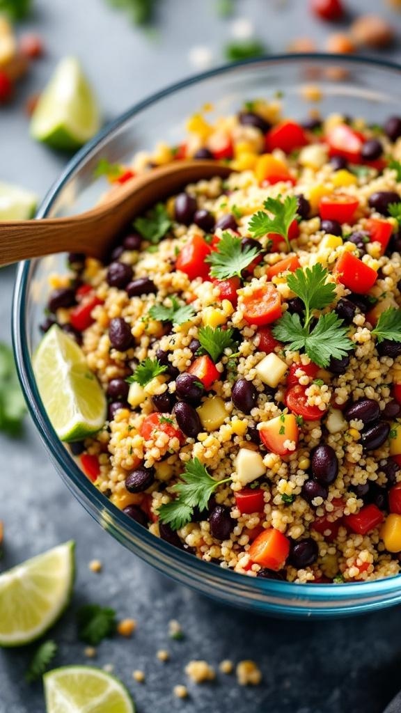 A vibrant quinoa and black bean salad with colorful vegetables and lime wedges.