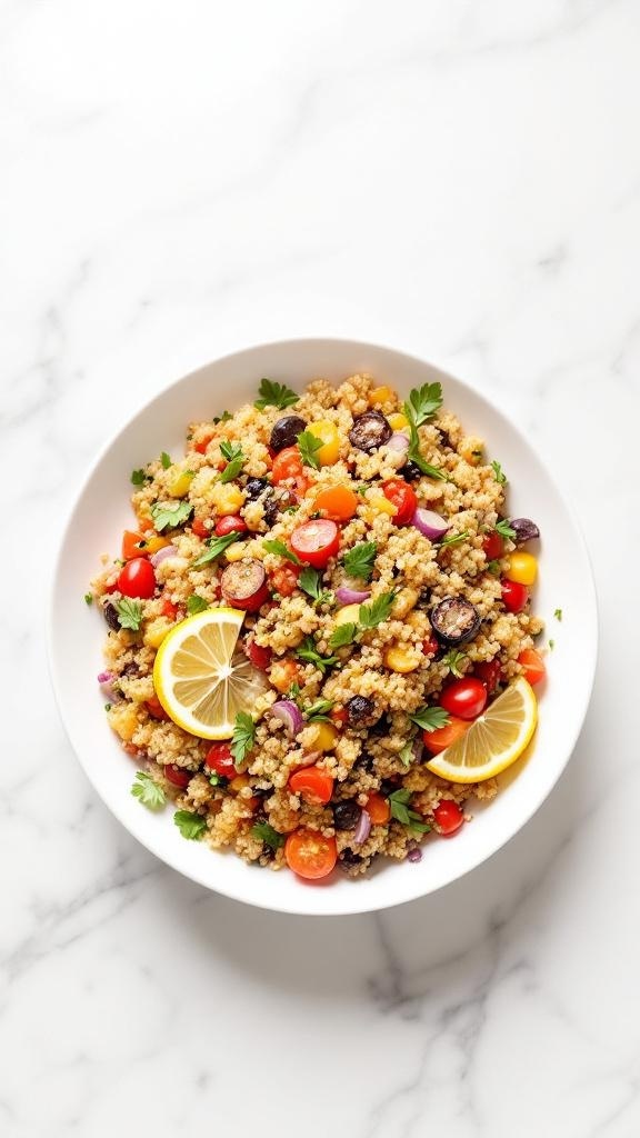 A colorful quinoa salad with cherry tomatoes, corn, and lemon slices in a white bowl.