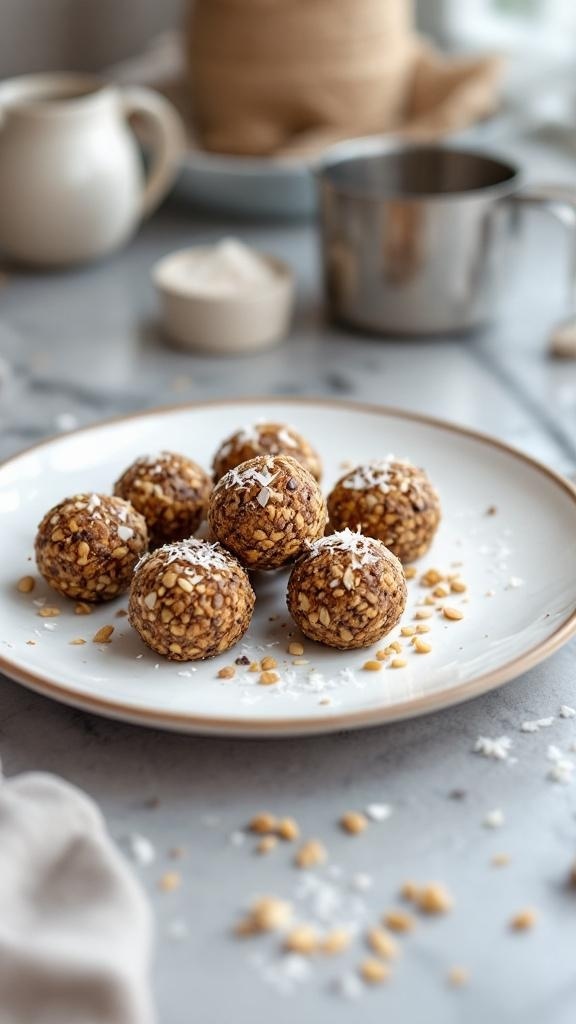 A plate of quinoa energy bites topped with coconut flakes and surrounded by scattered nuts.