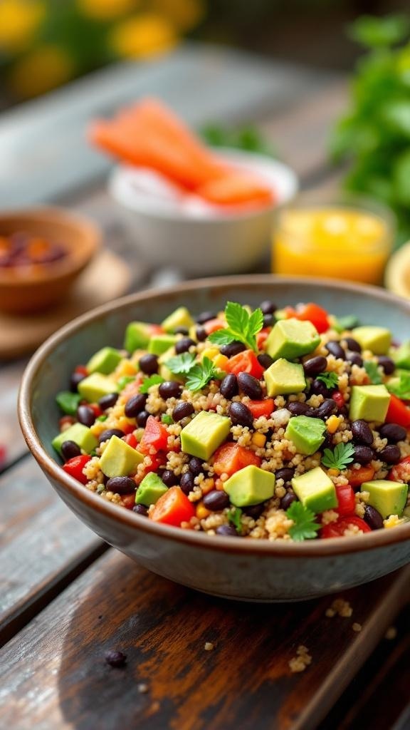 A bowl of quinoa salad with black beans, diced avocado, and colorful vegetables, set on a wooden table.
